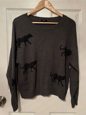 Rails Leopard Print Cashmere Blend Knit Sweater Grey Medium